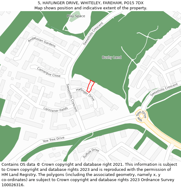 5, HAFLINGER DRIVE, WHITELEY, FAREHAM, PO15 7DX: Location map and indicative extent of plot