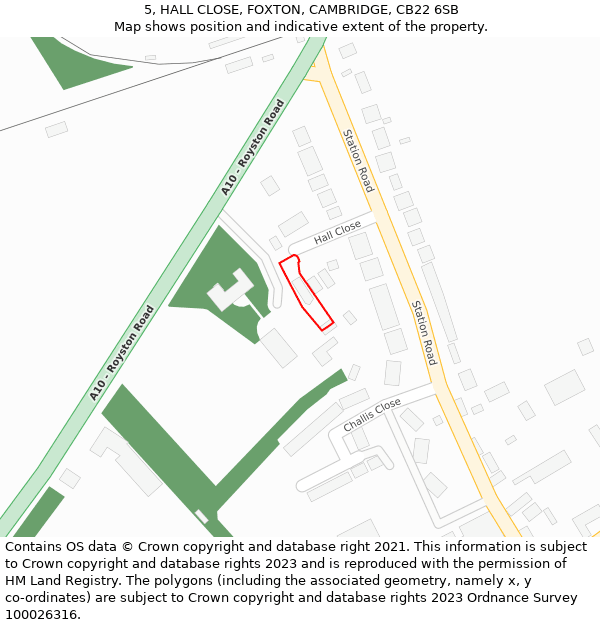 5, HALL CLOSE, FOXTON, CAMBRIDGE, CB22 6SB: Location map and indicative extent of plot