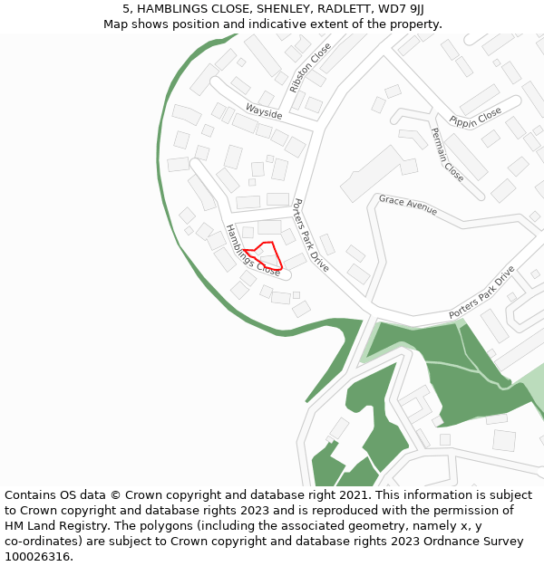 5, HAMBLINGS CLOSE, SHENLEY, RADLETT, WD7 9JJ: Location map and indicative extent of plot