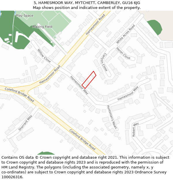 5, HAMESMOOR WAY, MYTCHETT, CAMBERLEY, GU16 6JG: Location map and indicative extent of plot