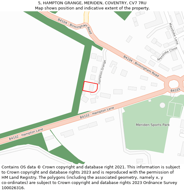 5, HAMPTON GRANGE, MERIDEN, COVENTRY, CV7 7RU: Location map and indicative extent of plot