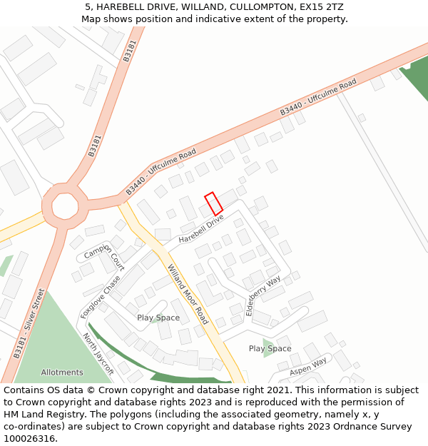 5, HAREBELL DRIVE, WILLAND, CULLOMPTON, EX15 2TZ: Location map and indicative extent of plot