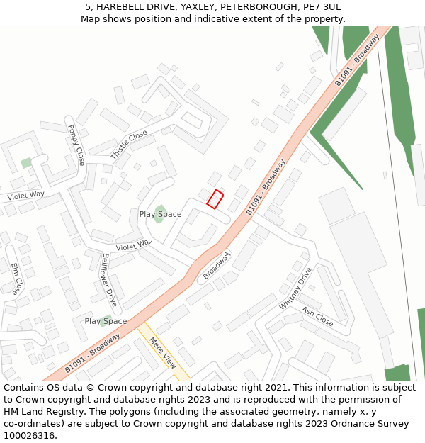 5, HAREBELL DRIVE, YAXLEY, PETERBOROUGH, PE7 3UL: Location map and indicative extent of plot