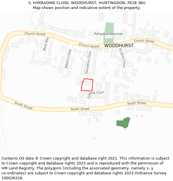 5, HARRADINE CLOSE, WOODHURST, HUNTINGDON, PE28 3BU: Location map and indicative extent of plot