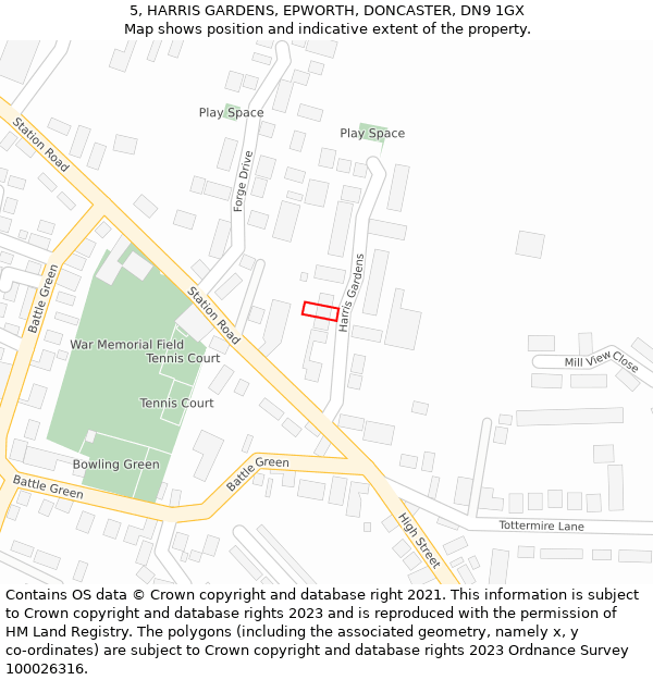 5, HARRIS GARDENS, EPWORTH, DONCASTER, DN9 1GX: Location map and indicative extent of plot