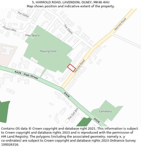 5, HARROLD ROAD, LAVENDON, OLNEY, MK46 4HU: Location map and indicative extent of plot