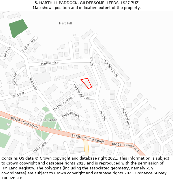 5, HARTHILL PADDOCK, GILDERSOME, LEEDS, LS27 7UZ: Location map and indicative extent of plot