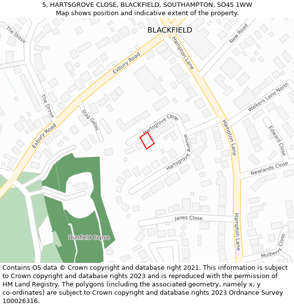 5, HARTSGROVE CLOSE, BLACKFIELD, SOUTHAMPTON, SO45 1WW: Location map and indicative extent of plot