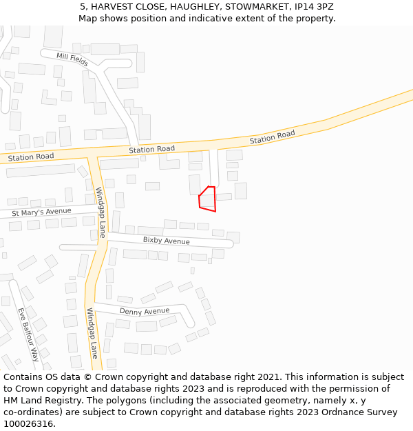 5, HARVEST CLOSE, HAUGHLEY, STOWMARKET, IP14 3PZ: Location map and indicative extent of plot