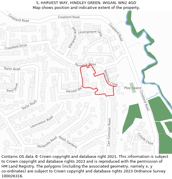 5, HARVEST WAY, HINDLEY GREEN, WIGAN, WN2 4GD: Location map and indicative extent of plot