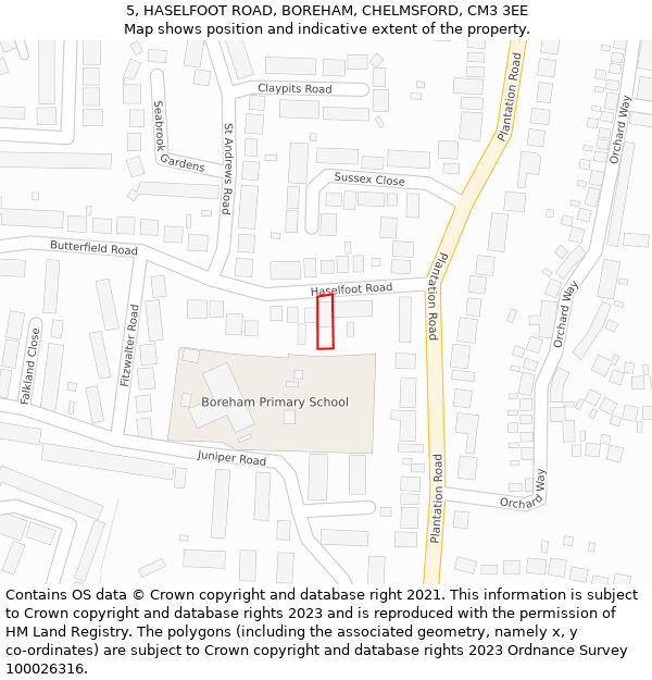 5, HASELFOOT ROAD, BOREHAM, CHELMSFORD, CM3 3EE: Location map and indicative extent of plot