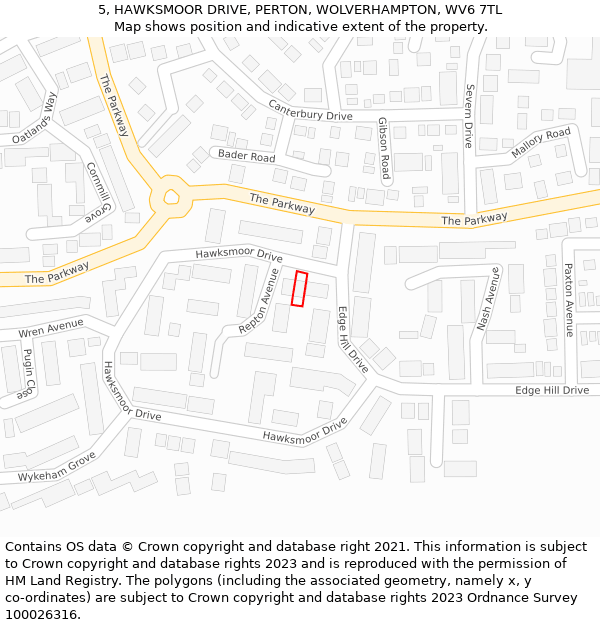 5, HAWKSMOOR DRIVE, PERTON, WOLVERHAMPTON, WV6 7TL: Location map and indicative extent of plot