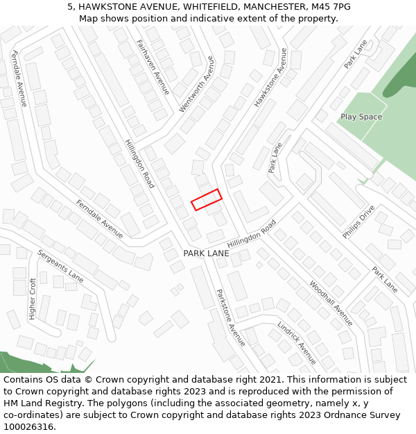 5, HAWKSTONE AVENUE, WHITEFIELD, MANCHESTER, M45 7PG: Location map and indicative extent of plot