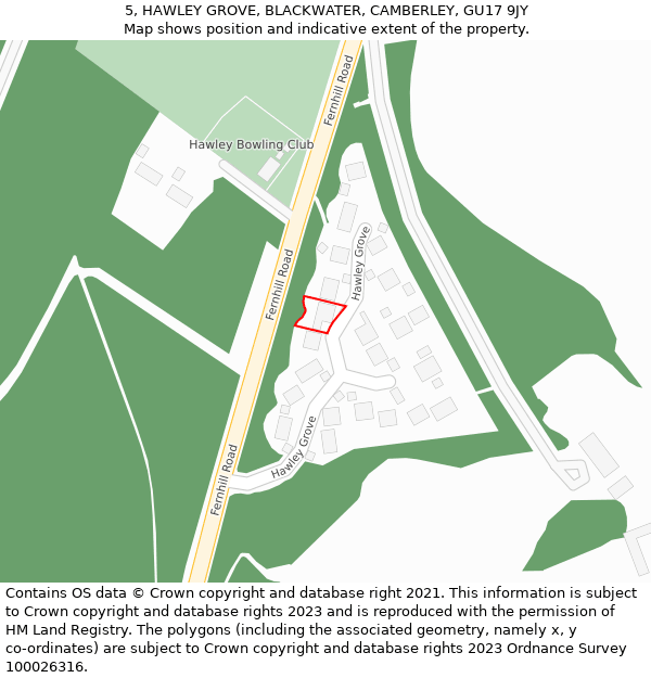 5, HAWLEY GROVE, BLACKWATER, CAMBERLEY, GU17 9JY: Location map and indicative extent of plot