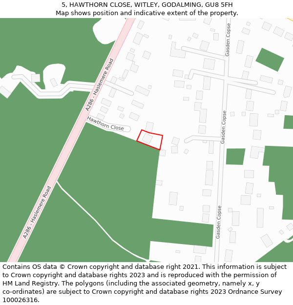 5, HAWTHORN CLOSE, WITLEY, GODALMING, GU8 5FH: Location map and indicative extent of plot