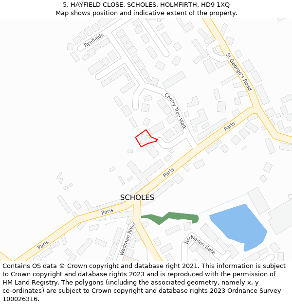 5, HAYFIELD CLOSE, SCHOLES, HOLMFIRTH, HD9 1XQ: Location map and indicative extent of plot