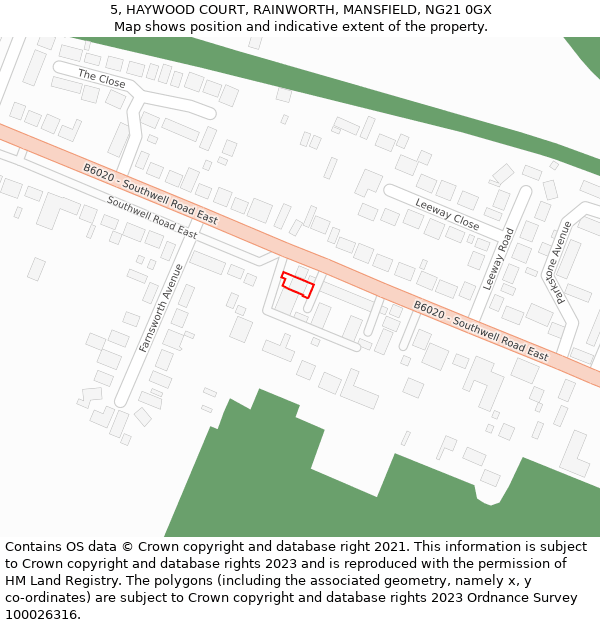 5, HAYWOOD COURT, RAINWORTH, MANSFIELD, NG21 0GX: Location map and indicative extent of plot