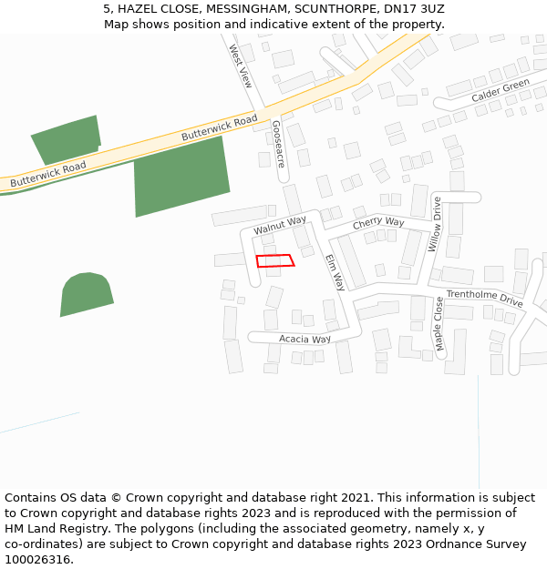 5, HAZEL CLOSE, MESSINGHAM, SCUNTHORPE, DN17 3UZ: Location map and indicative extent of plot