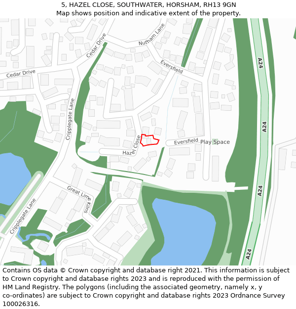 5, HAZEL CLOSE, SOUTHWATER, HORSHAM, RH13 9GN: Location map and indicative extent of plot