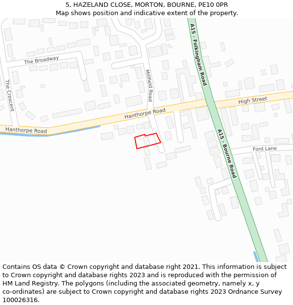 5, HAZELAND CLOSE, MORTON, BOURNE, PE10 0PR: Location map and indicative extent of plot