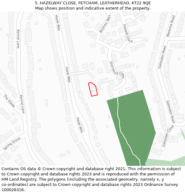 5, HAZELWAY CLOSE, FETCHAM, LEATHERHEAD, KT22 9QE: Location map and indicative extent of plot