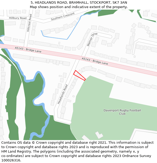 5, HEADLANDS ROAD, BRAMHALL, STOCKPORT, SK7 3AN: Location map and indicative extent of plot