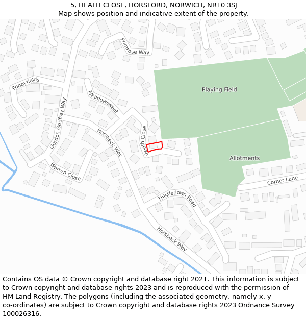 5, HEATH CLOSE, HORSFORD, NORWICH, NR10 3SJ: Location map and indicative extent of plot