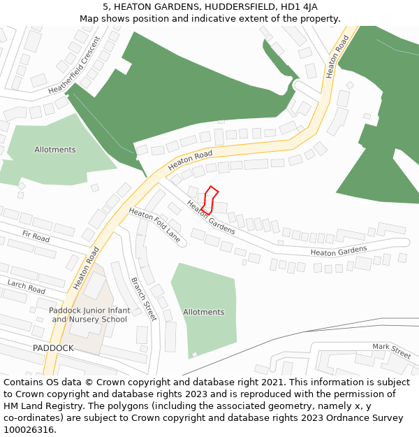 5, HEATON GARDENS, HUDDERSFIELD, HD1 4JA: Location map and indicative extent of plot