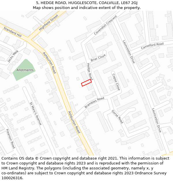 5, HEDGE ROAD, HUGGLESCOTE, COALVILLE, LE67 2GJ: Location map and indicative extent of plot