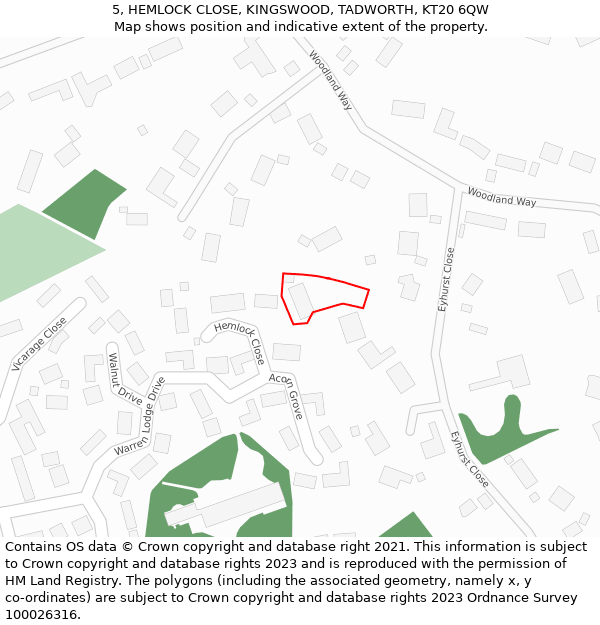 5, HEMLOCK CLOSE, KINGSWOOD, TADWORTH, KT20 6QW: Location map and indicative extent of plot