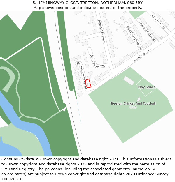 5, HEMMINGWAY CLOSE, TREETON, ROTHERHAM, S60 5RY: Location map and indicative extent of plot