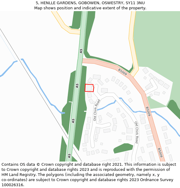 5, HENLLE GARDENS, GOBOWEN, OSWESTRY, SY11 3NU: Location map and indicative extent of plot
