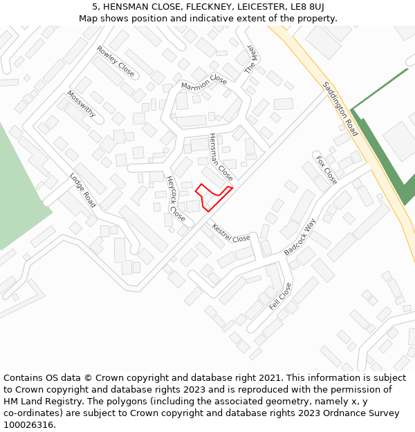 5, HENSMAN CLOSE, FLECKNEY, LEICESTER, LE8 8UJ: Location map and indicative extent of plot