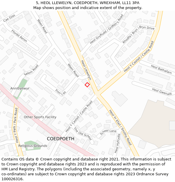 5, HEOL LLEWELYN, COEDPOETH, WREXHAM, LL11 3PA: Location map and indicative extent of plot