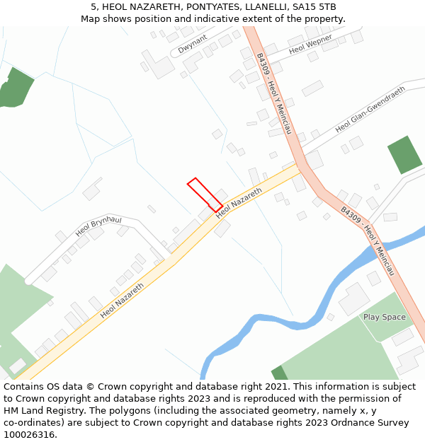 5, HEOL NAZARETH, PONTYATES, LLANELLI, SA15 5TB: Location map and indicative extent of plot