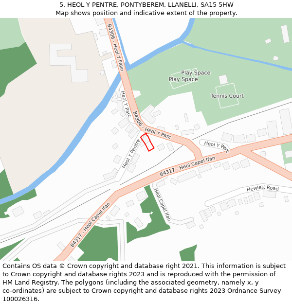 5, HEOL Y PENTRE, PONTYBEREM, LLANELLI, SA15 5HW: Location map and indicative extent of plot