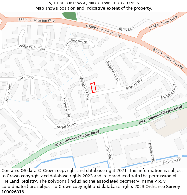 5, HEREFORD WAY, MIDDLEWICH, CW10 9GS: Location map and indicative extent of plot