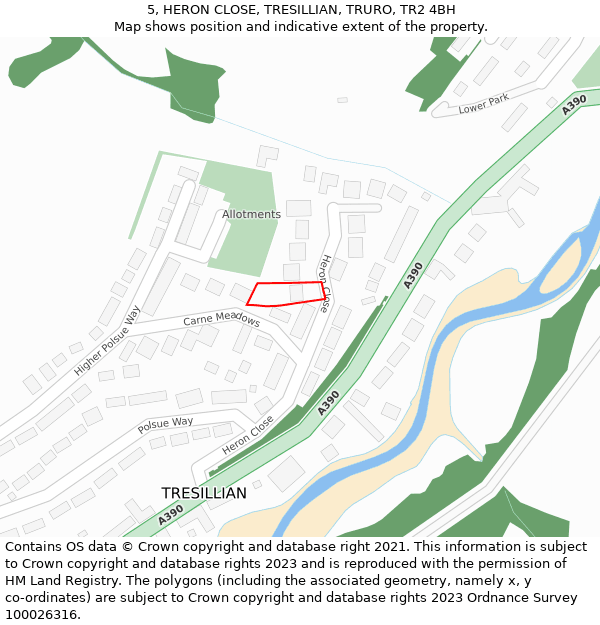 5, HERON CLOSE, TRESILLIAN, TRURO, TR2 4BH: Location map and indicative extent of plot