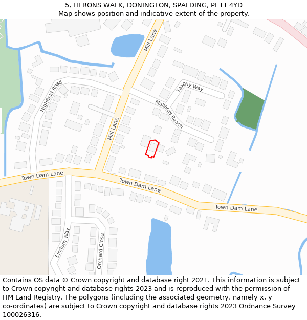 5, HERONS WALK, DONINGTON, SPALDING, PE11 4YD: Location map and indicative extent of plot