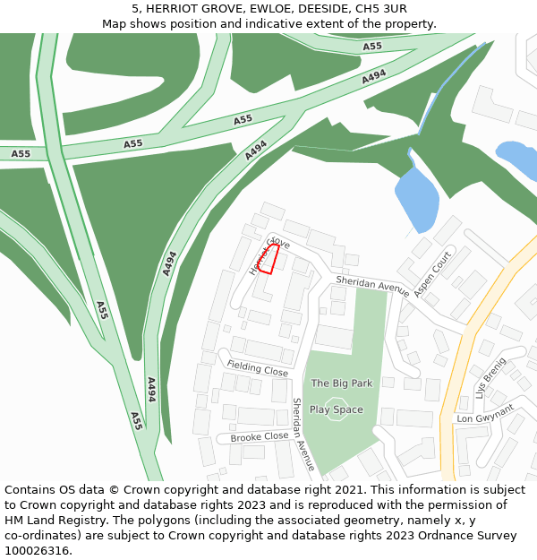 5, HERRIOT GROVE, EWLOE, DEESIDE, CH5 3UR: Location map and indicative extent of plot