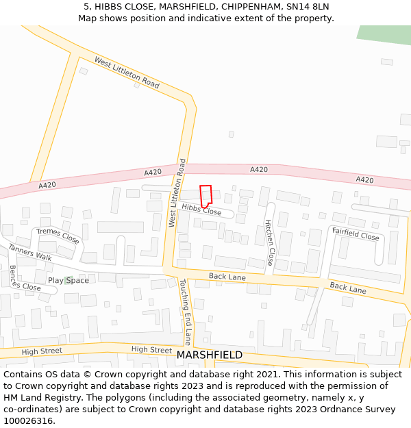 5, HIBBS CLOSE, MARSHFIELD, CHIPPENHAM, SN14 8LN: Location map and indicative extent of plot