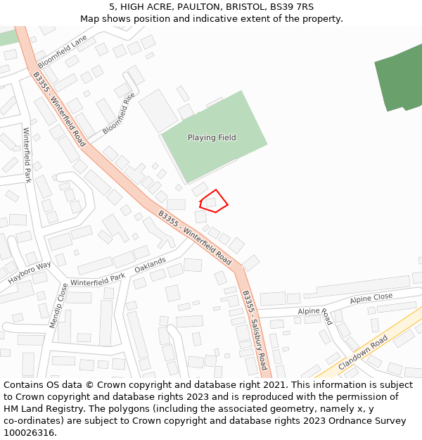 5, HIGH ACRE, PAULTON, BRISTOL, BS39 7RS: Location map and indicative extent of plot