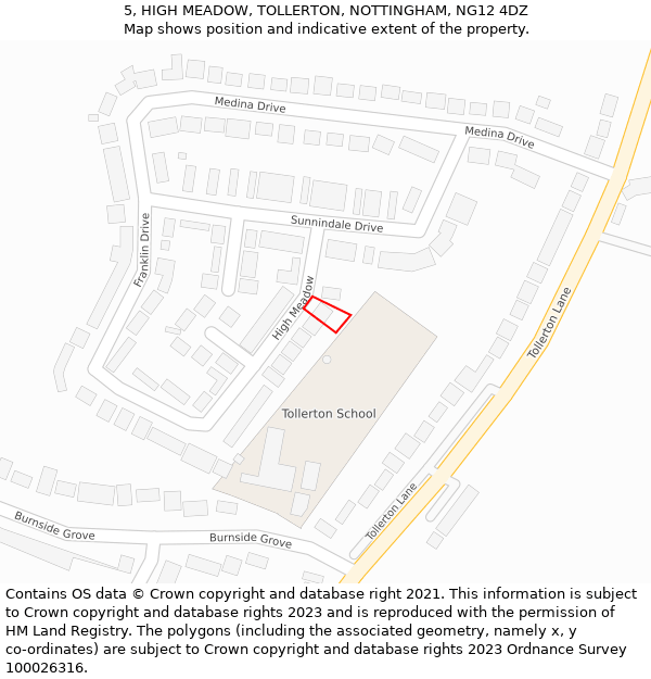 5, HIGH MEADOW, TOLLERTON, NOTTINGHAM, NG12 4DZ: Location map and indicative extent of plot