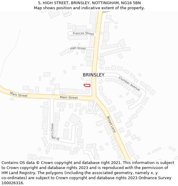 5, HIGH STREET, BRINSLEY, NOTTINGHAM, NG16 5BN: Location map and indicative extent of plot