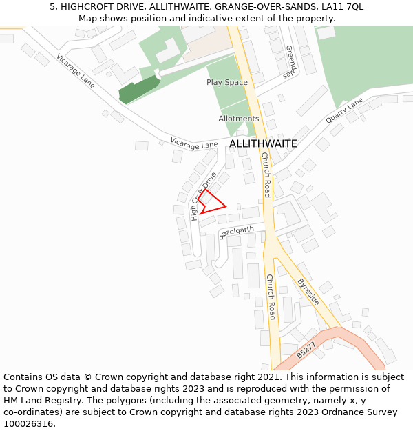 5, HIGHCROFT DRIVE, ALLITHWAITE, GRANGE-OVER-SANDS, LA11 7QL: Location map and indicative extent of plot