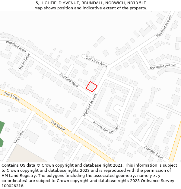 5, HIGHFIELD AVENUE, BRUNDALL, NORWICH, NR13 5LE: Location map and indicative extent of plot