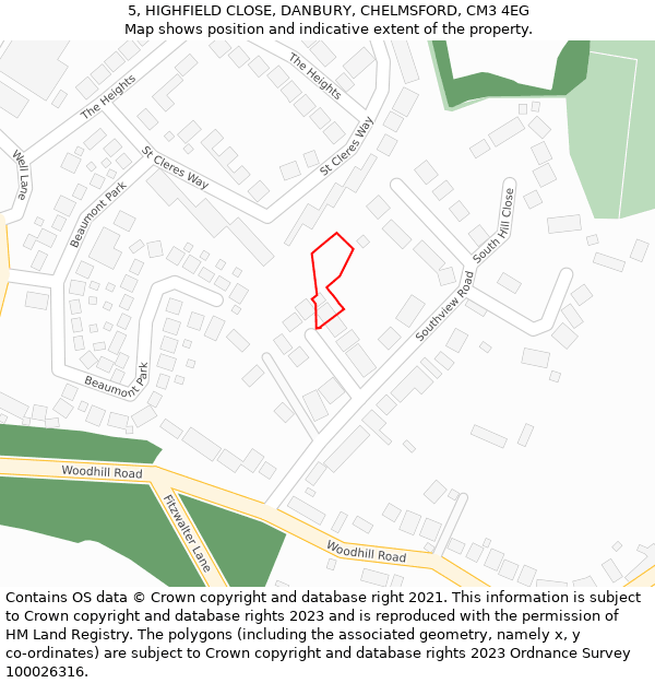 5, HIGHFIELD CLOSE, DANBURY, CHELMSFORD, CM3 4EG: Location map and indicative extent of plot