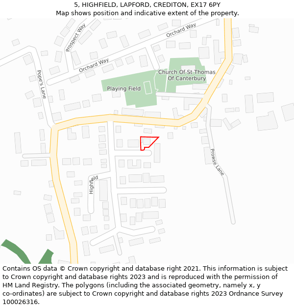 5, HIGHFIELD, LAPFORD, CREDITON, EX17 6PY: Location map and indicative extent of plot