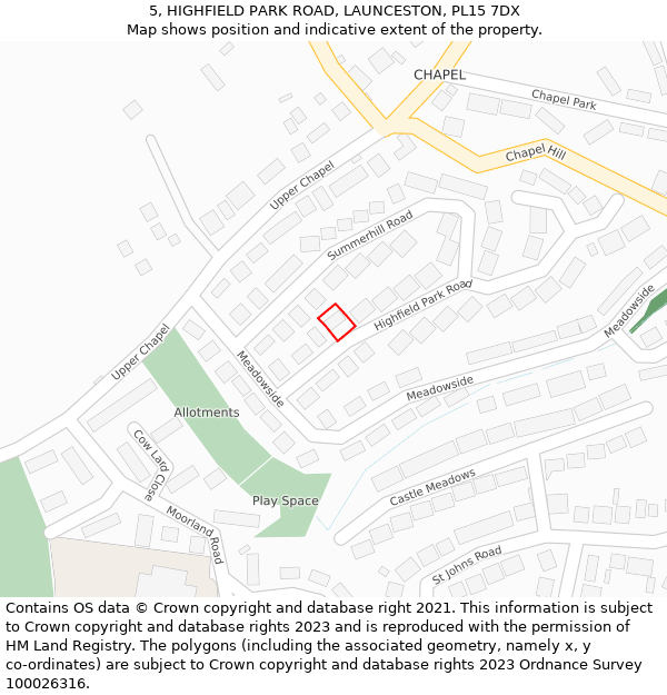 5, HIGHFIELD PARK ROAD, LAUNCESTON, PL15 7DX: Location map and indicative extent of plot