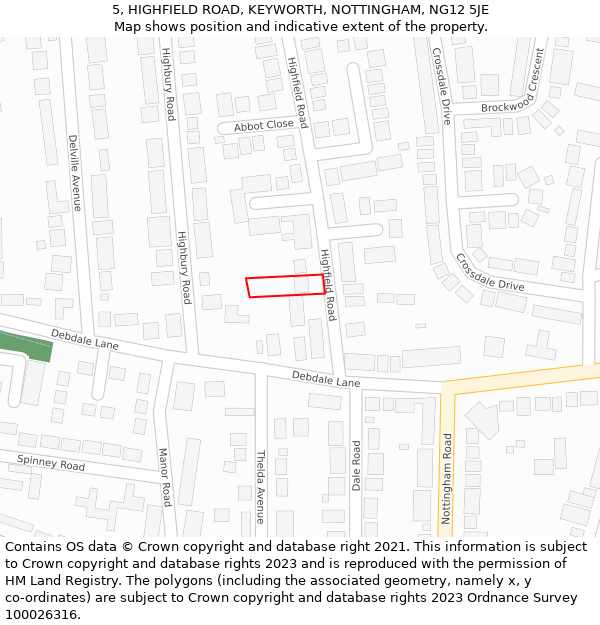 5, HIGHFIELD ROAD, KEYWORTH, NOTTINGHAM, NG12 5JE: Location map and indicative extent of plot